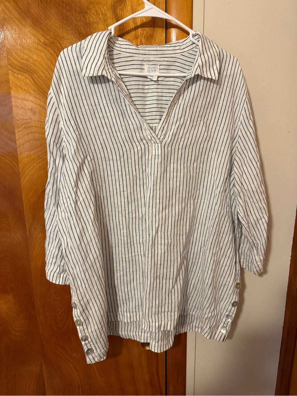 Sigrid Olsen White and Navy Striped Linen Top